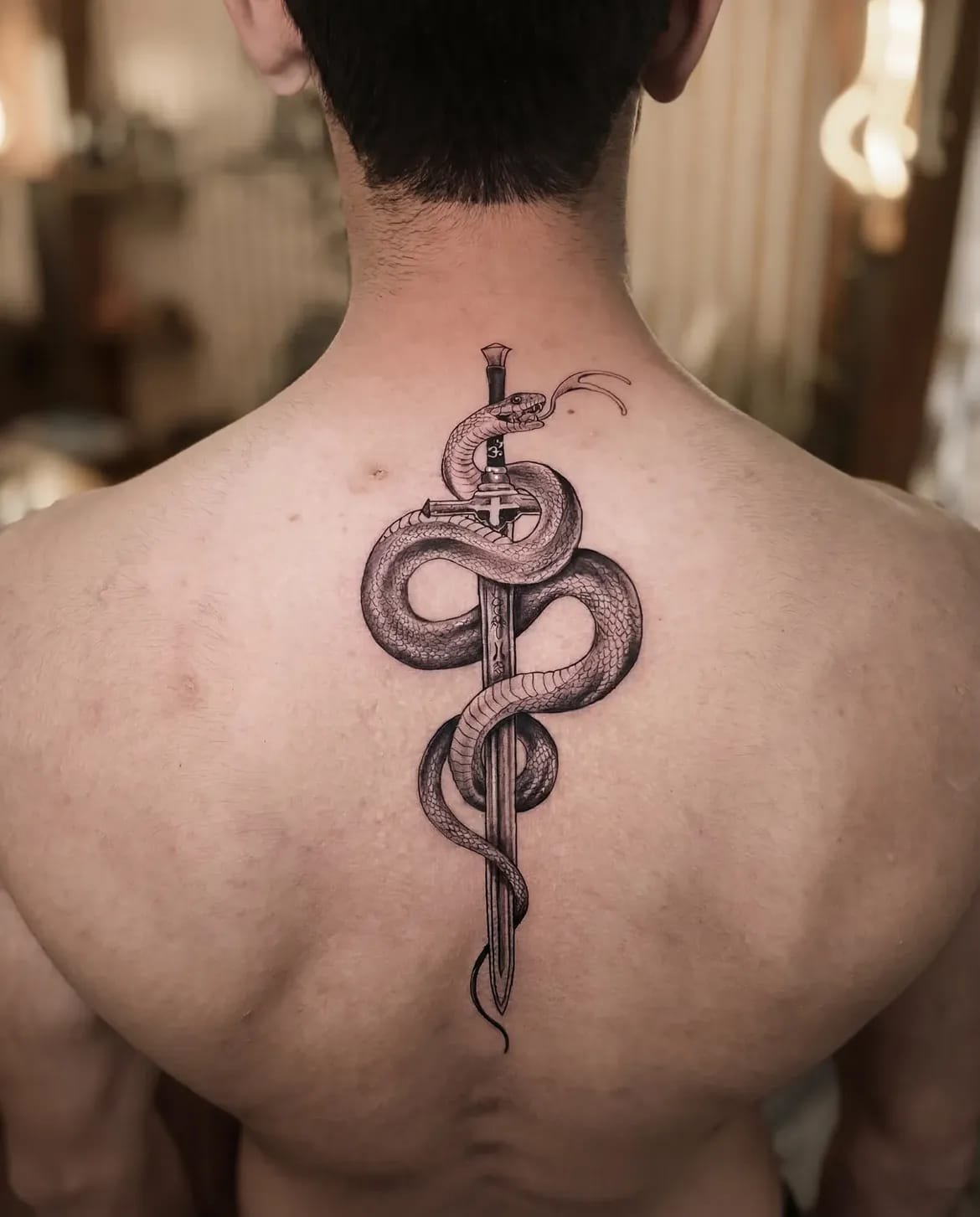 Black and grey serpent coiled around a sword, tattooed across a client’s upper back.